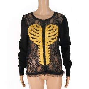 NWT Too Fast Goth Gold Skeleton Embroidered Black Sheer Lace Cardigan Sweater